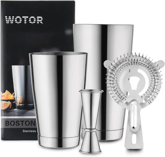 WOTOR Boston Cocktail Shaker Set, 18 oz & 28 oz Stainless Steel Weighted Shaker Tins, Strainer, Double Measuring Jigger, Professional Bar Tools for Bartender (Silver)