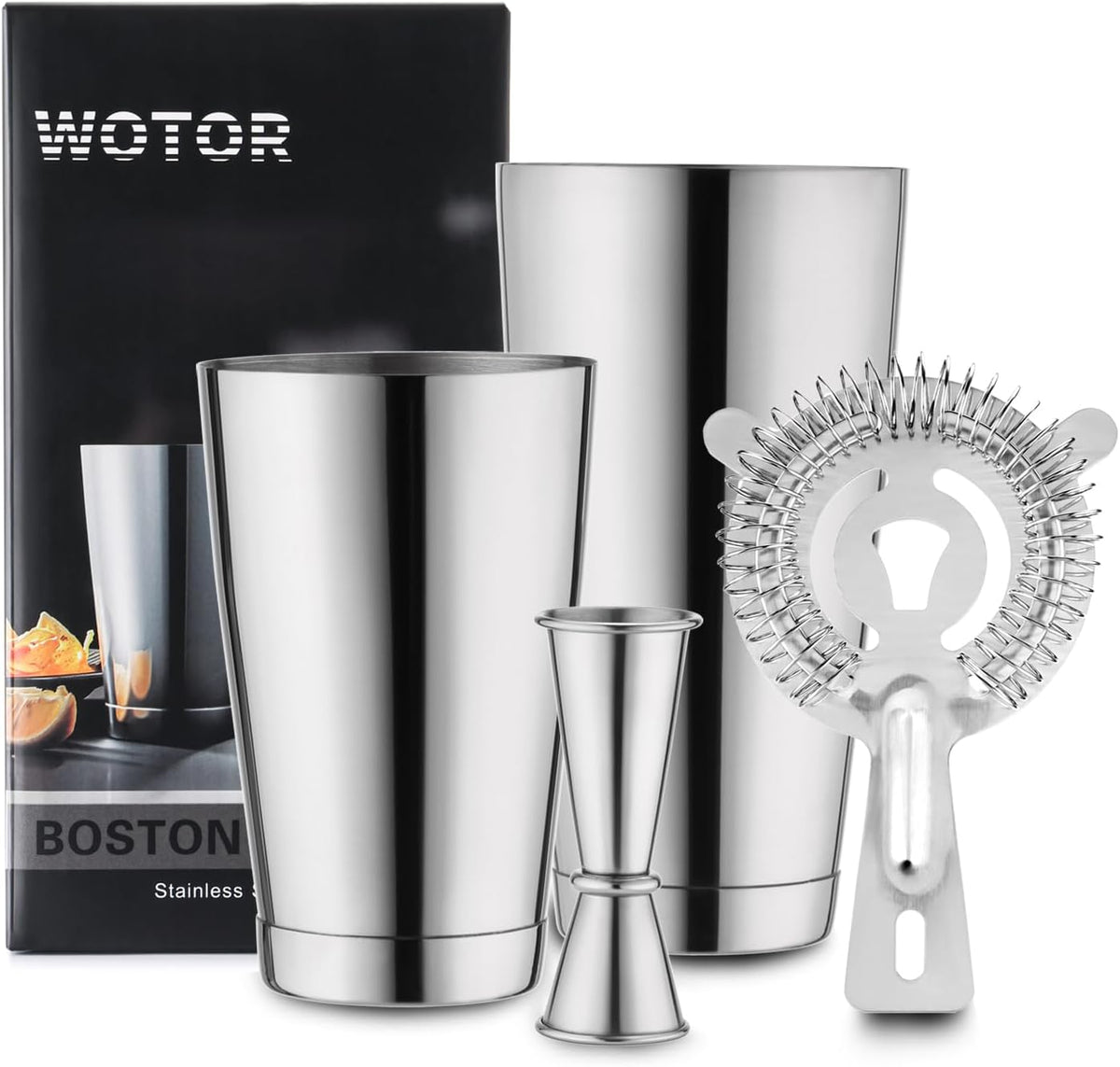 WOTOR Boston Cocktail Shaker Set, 18 oz & 28 oz Stainless Steel Weighted Shaker Tins, Metal Martini Shaker Drink Mixer for Bartending, professional Bar Tools for Bartender （Sliver） - Silver / 1 pack (with accessories)