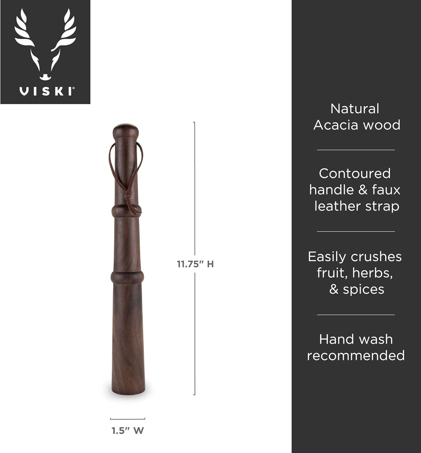 Viski Acacia Wood Cocktail Muddler Bar Utensils, Wooden Muddler Bar Essentials, Barware Muddler for Cocktails, 12in Wood Set of 1