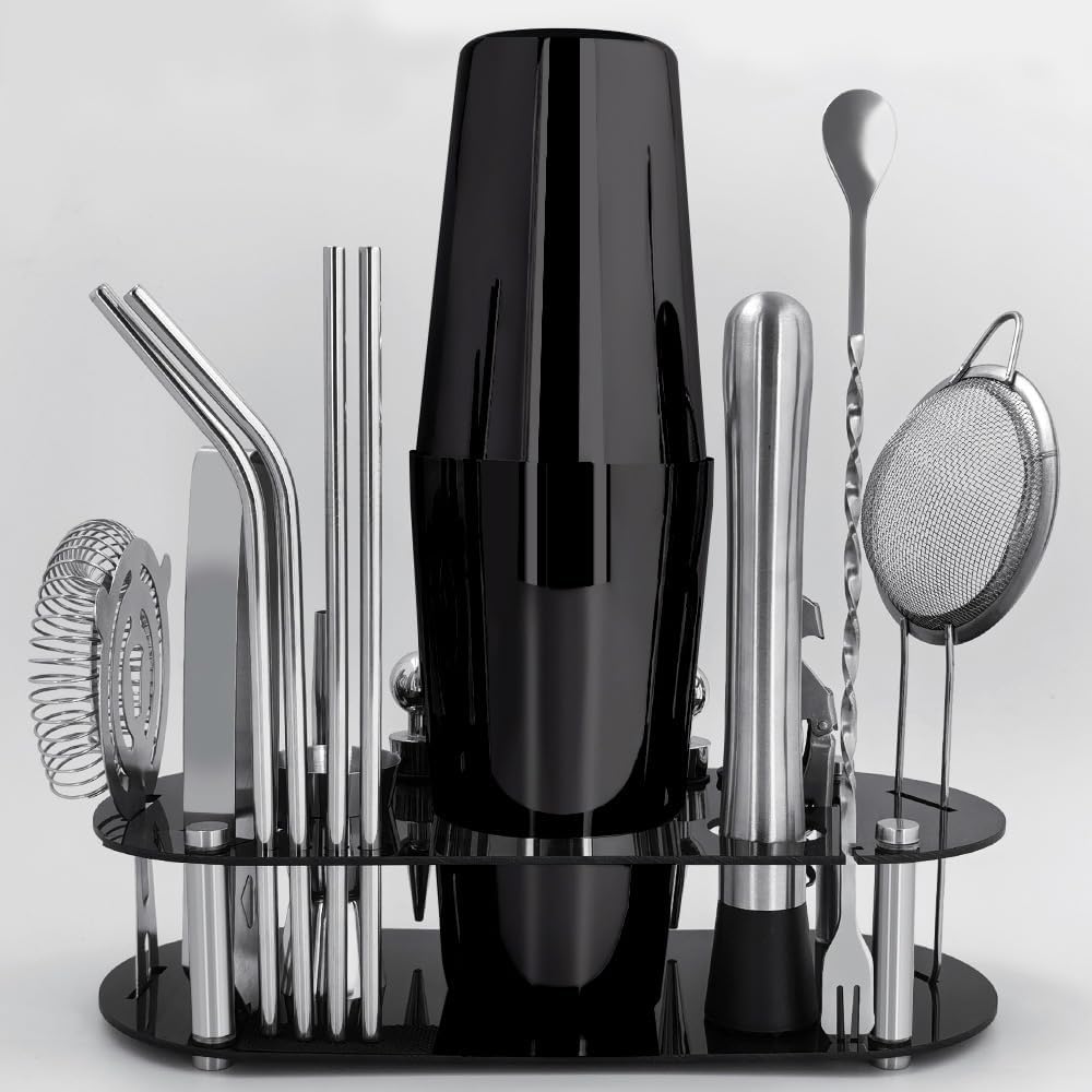 Cocktail Shaker Set Bartender Kit with Stand - 16 Piece Bar Tool Set Drink Mixer Set Includes : Shakers, Jigger, Strainer, Mixer Spoon, Muddler, Liquor Pourers, Straw (Black-25/20oz)