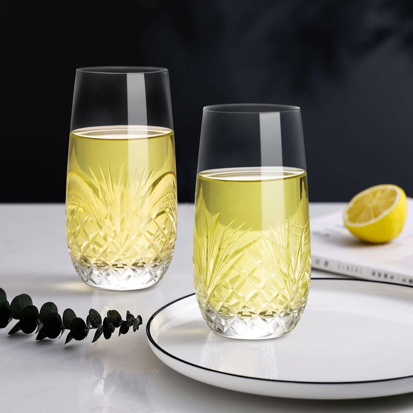 SHOSHIN Hand Cut Highball Glasses Crystal (Set of 4, 17Oz) - Elegant Water Juice Drinking Glasses, Everyday Beverage Glasses, Large Collins Glasses Perfect for Restaurant, Kitchen, Bar