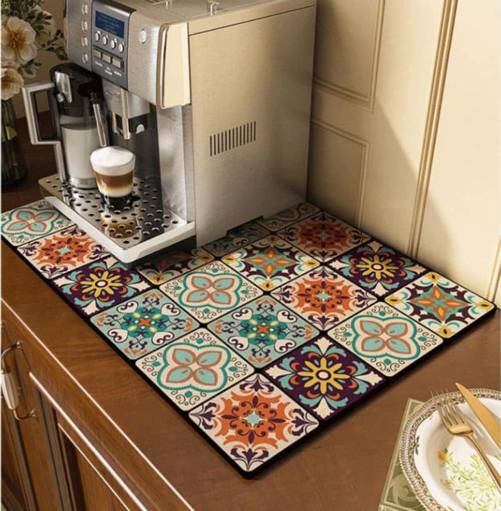 Cute Coffee Maker Mat for Countertops Bar Accessories, Colorful Dish Drying Pad for Kitchen, Absorbent Quick Drying Mat, 12 X16 inch (Color C, 16"x12")