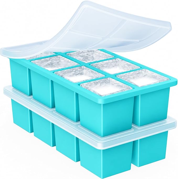 Large Ice Cube Trays for Whiskey: GGOW Big Silicone Ice Cube Trays 2Inch - Huge Square Ice Cubed Tray for Whisky and Cocktail - Aqua
