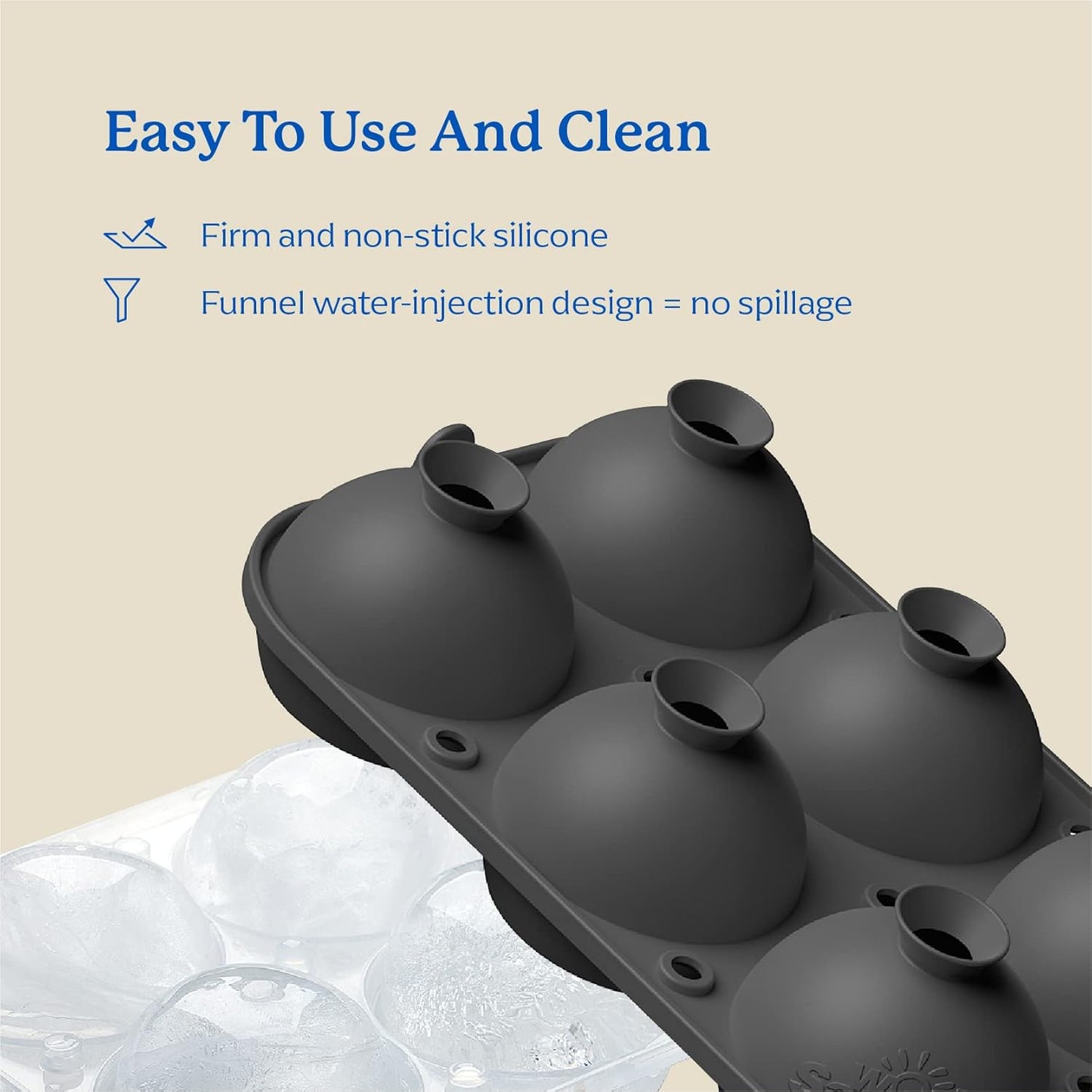 Samuelworld Large Ice Ball Maker with Lid, 6 x 2.5 Inch Ice Balls - Food Grade, Easy To Fill Round Silicone Ice Tray, Perfect Spheres Craft Ice Maker for Whiskey, Cocktails, Gifting - Grey
