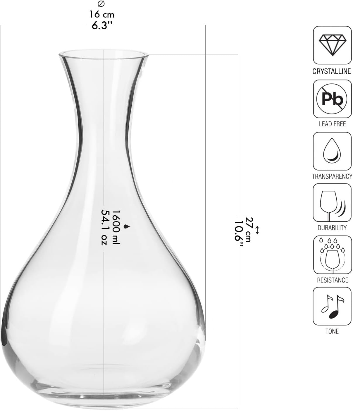 Krosno Elegant Wine Decanter, 54.1 oz, Harmony Collection, Accessory for Wine Lovers, Lead-free Crystal Glass Wine Decanters and Carafes, Red Wine Pitcher, Made in Europe