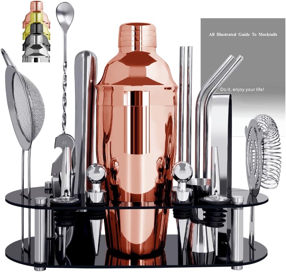 Cocktail Shaker Set Bartender Kit with Stand - 16 Piece Bar Tool Set Drink Mixer Set Includes : Shakers, Jigger, Strainer, Mixer Spoon, Muddler, Liquor Pourers, Straw (Rose Gold)