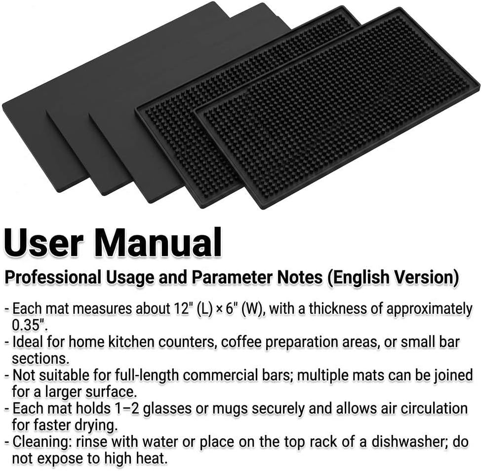 QWORK 12"x6" Black Rubber Bar Mat – 6 Pack Non-Slip Drainage Pad for Coffee Stations, Home Bars & Kitchens
