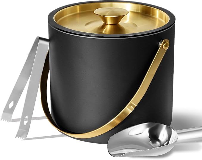Bakpoco Double-Wall Vacuum Insulated Ice Bucket with Lid, Scoop, Ice Tong, Strainer & Leather Handle Keep Ice Frozen Longer Large Wine Ice Buckets for Cocktail Bar,Parties Chilling Beer Champagne 3L - B0DFCMJ9RH