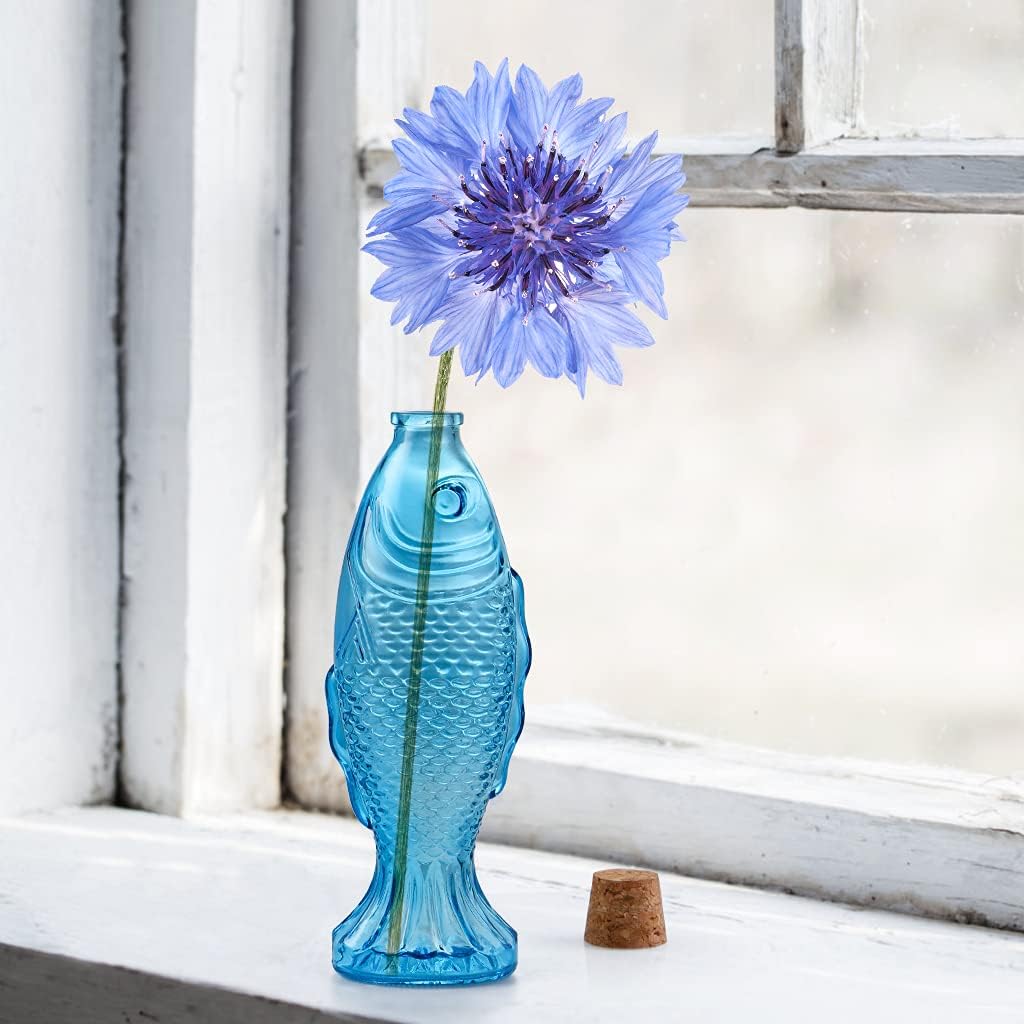 MDLUU 3-Pack Fish Shaped Glass Bottles, Decorative Bottles with Cork Stopper, Fish Decanters for Gift, Bar, Home Decor, Capacity 500ml/17.5oz (Blue)