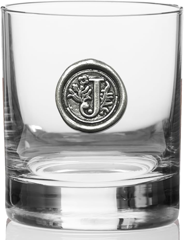 English Pewter Company 11oz Old Fashioned Whiskey Rocks Glass With Monogram Initial - Unique Gifts For Men - Personalized Gifts With Your Choice of Initial (J) MON110
