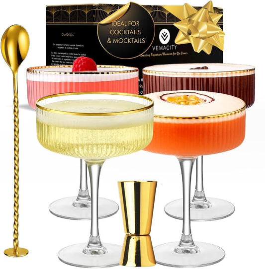 VEMACITY - Ribbed Espresso Martini Glasses Set of 4 with Gold Rims | Coupe Glasses | Vintage Cocktail Glasses for Margaritas, Champagne and More - Includes Jigger & Bar Spoon |