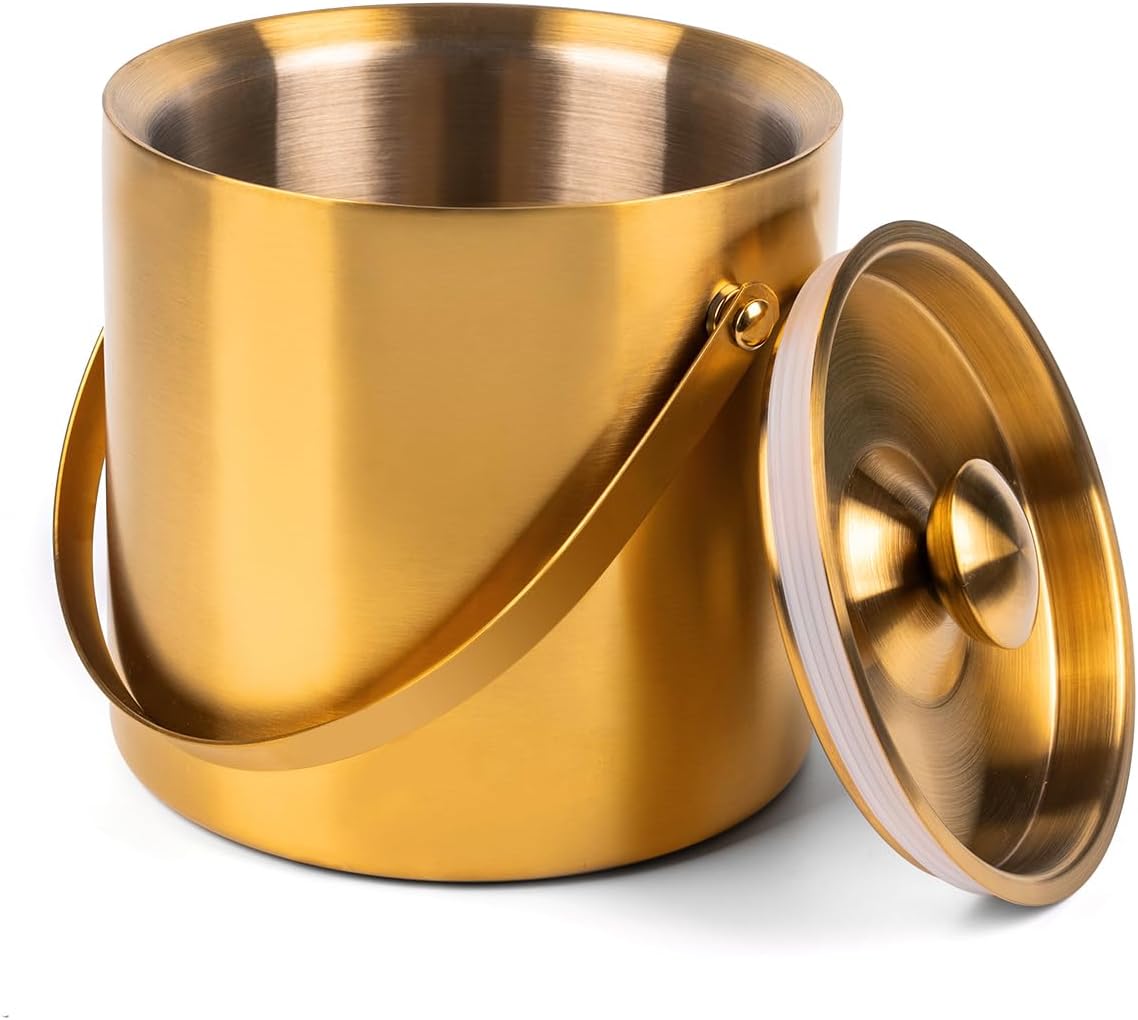 3L Double Wall Insulated Stainless Steel Ice Bucket with scoop & Strainer for Cocktail Bar,Metal Ice Bucket for freezer with Lid for parties.ice Container to Keep Ice Colder,bar cart accessories(gold)