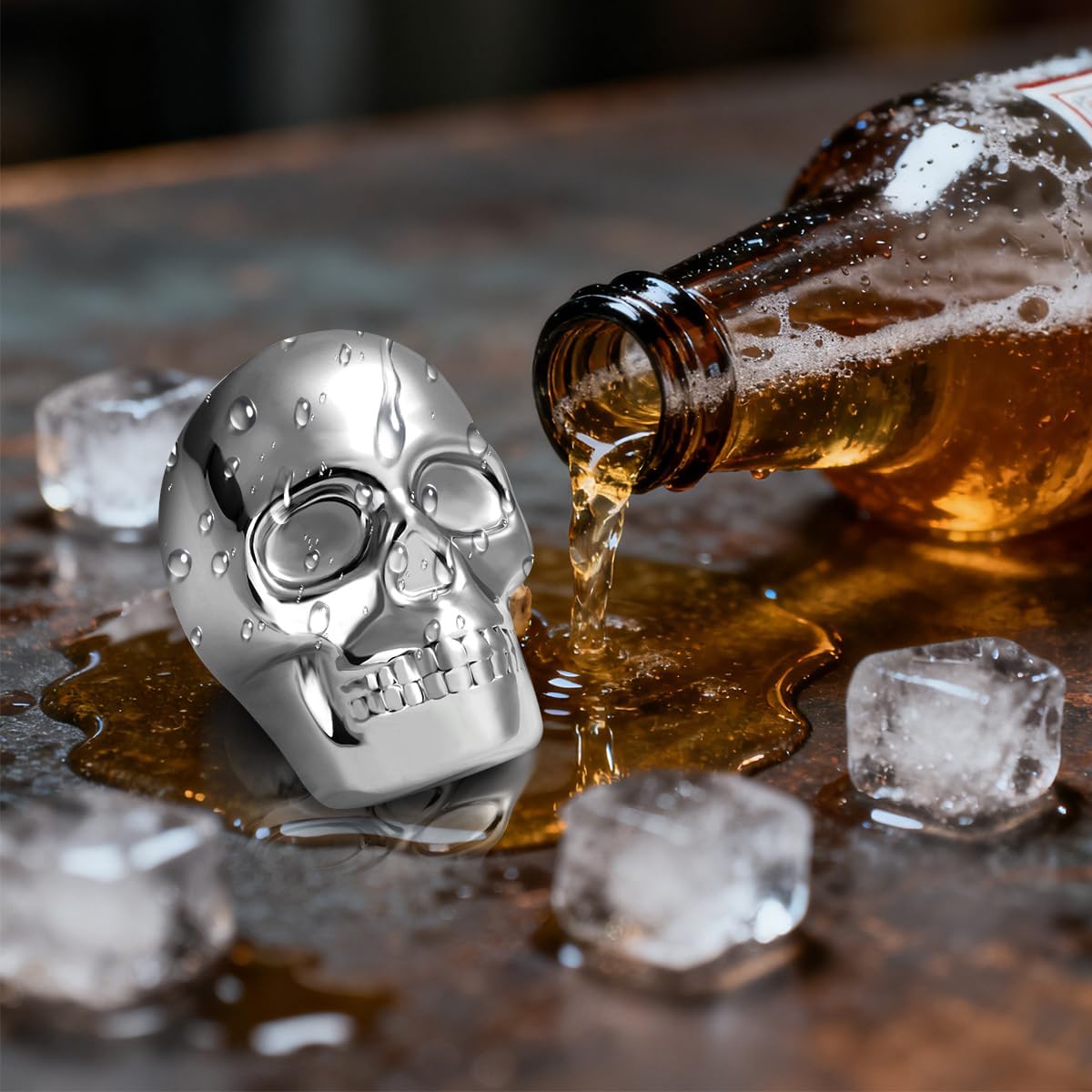 Skull Head Stainless Steel Ice Cubes Mold, Whisky Stones Stainless Steel, Set of 2 with Gift Bag, Skull Head Cooling Stones, Whiskey Stones Reusable, Bar Accessories, for Whisky, Gin, Rum, Tequila