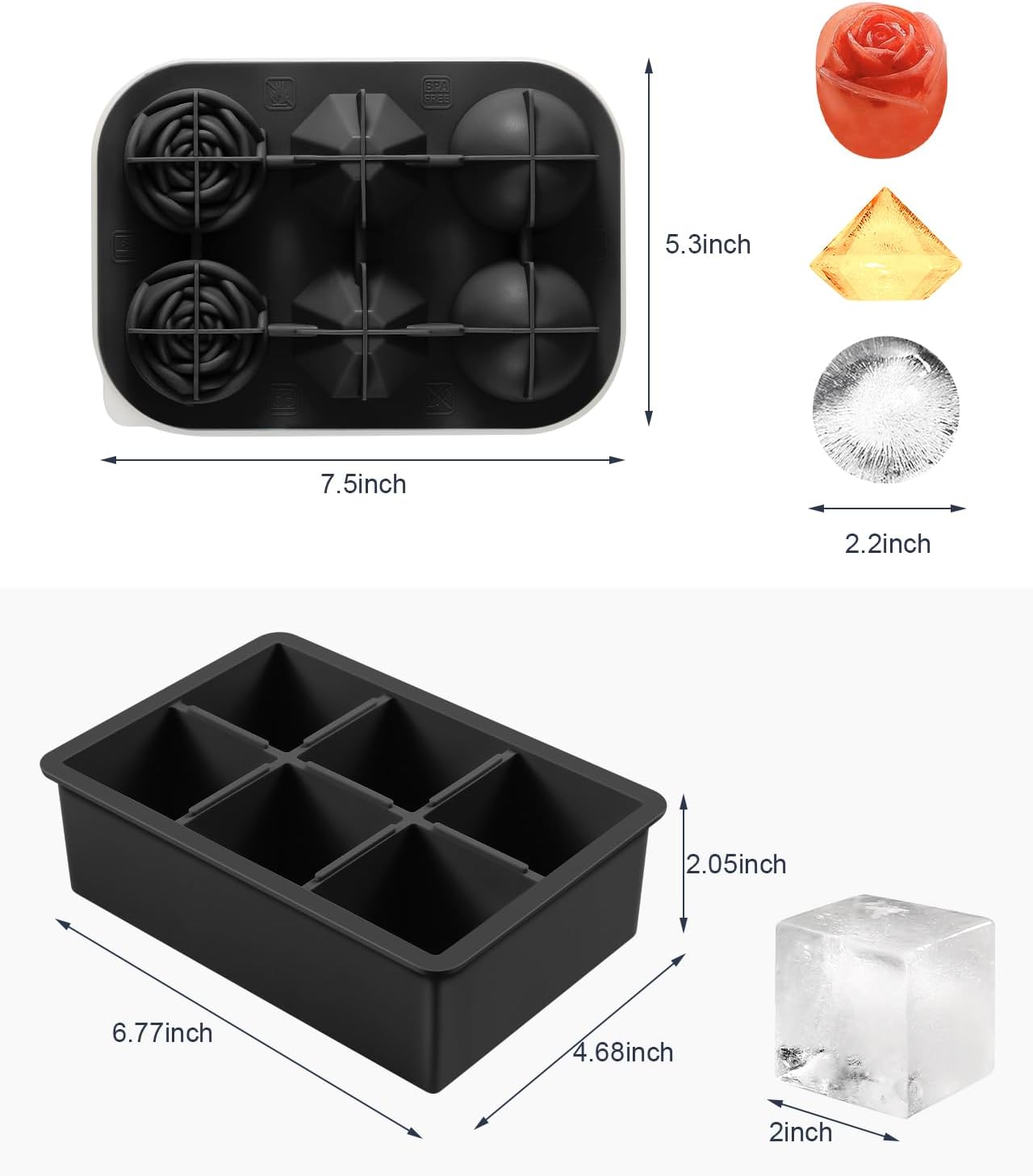 2Pack Silicone Square and Round Ice Cube Trays for Freezer - Sphere, Rose, Diamond Ice Molds for Whiskey, Cocktails & DIY, Black