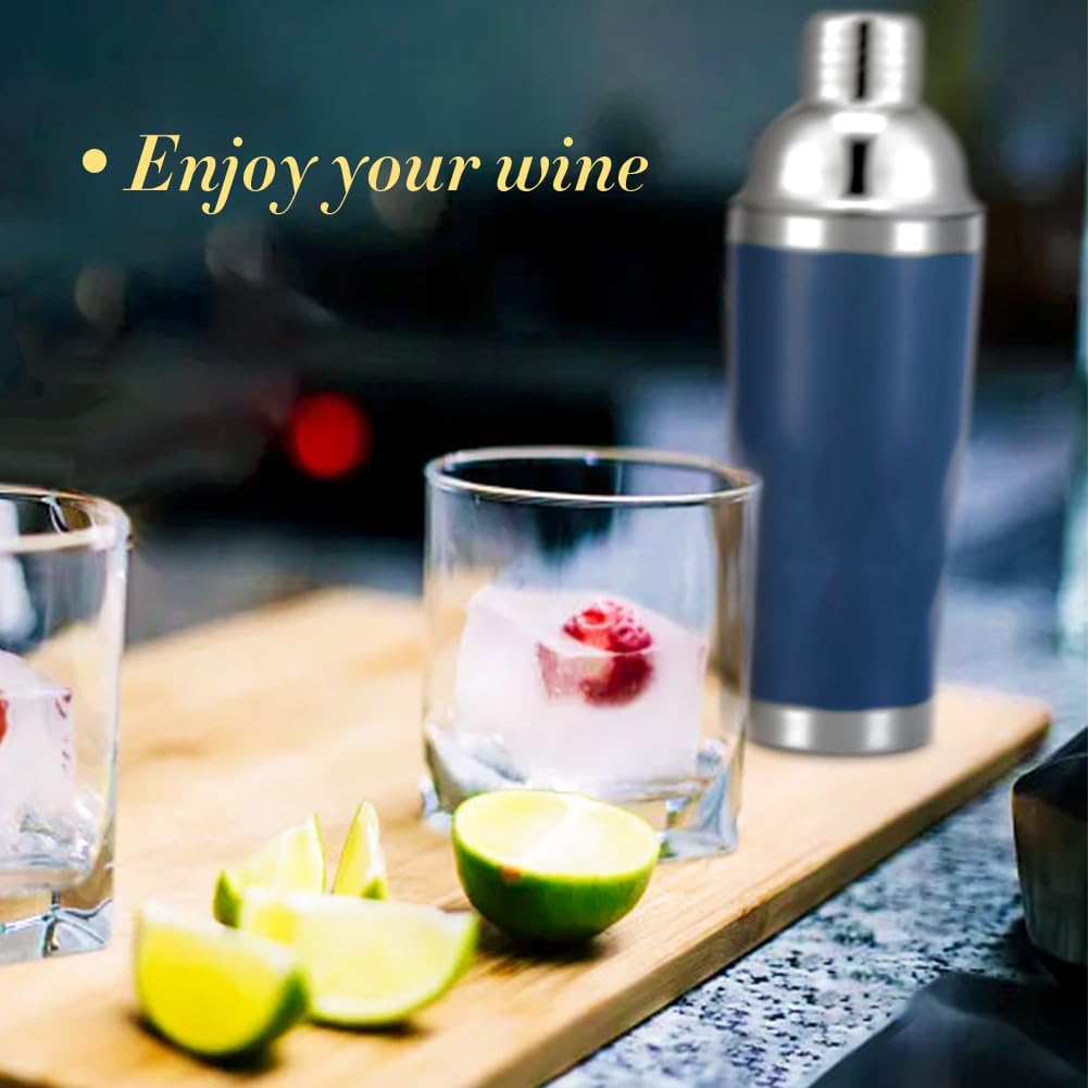 Insulated Cocktail Shaker Blue -20oz Double Wall Vacuum Stainless Steel Martini Shaker with Built-in Strainer, Pro Leak-Proof Weighted Shaker for Home Bar, Premium Bar Gift Set