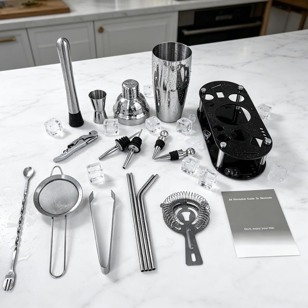 Cocktail Shaker Set Bartender Kit with Stand - 16 Piece Bar Tool Set Drink Mixer Set Includes : 25oz Shakers, Jigger, Strainer, Mixer Spoon, Muddler, Liquor Pourers, Straw (Silver)