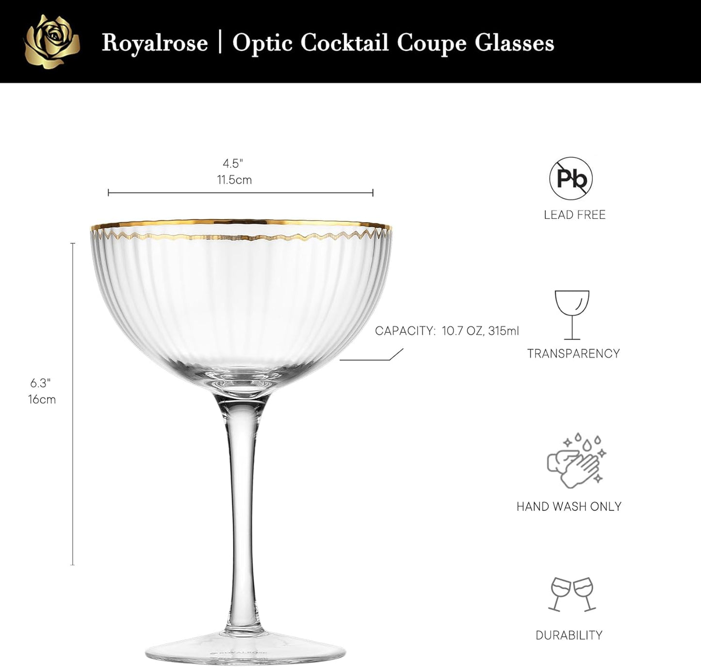 Royalrose Premium Cheerfull Fluted 10.7 oz Coupe Glasses Set of 4 – Vintage Gold Rim, Hand-Blown Fine Glass – Elegant Barware for Cocktails, Parties & Home Entertaining (4)