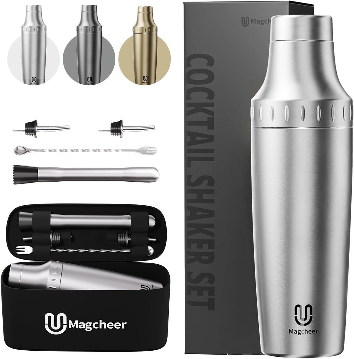 Hybrid Cocktail Shaker Set | Vacuum Insulated Stainless Steel Martini Shaker with Strainer & Jigger Lid | Travel Cocktail kit with Bartender Accessory Tools | 30oz | Gunmetal Gray - Silver