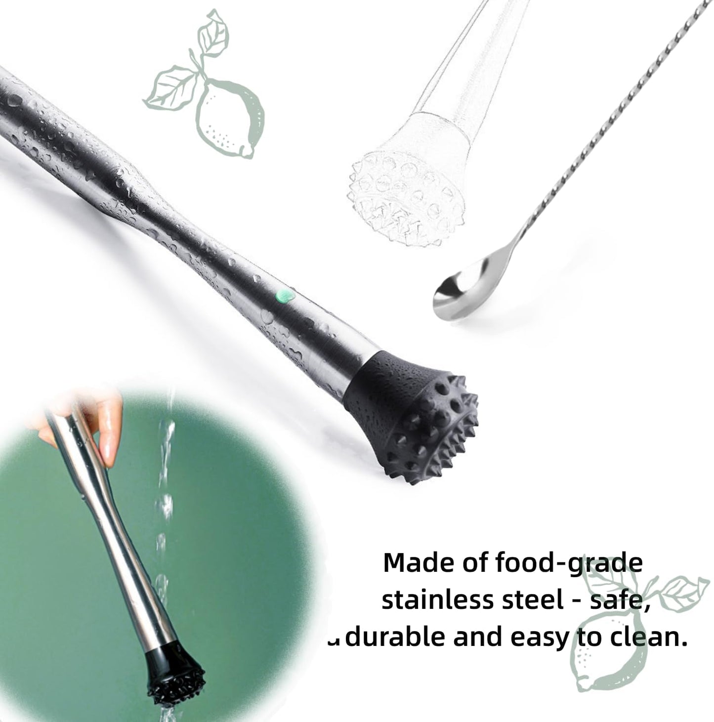 Muddler for Cocktails Stainless Steel, Muddlers Pestle with Stirring Spoon, Bartender Cocktail Shaker Bar Tool Set - Bar Spoon and Muddler