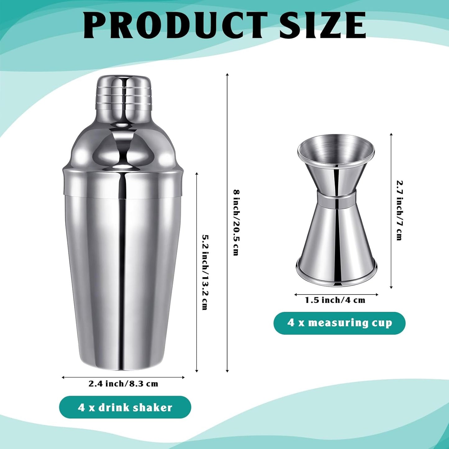 Umigy Cocktail Shaker Set Martini Shaker Bulk Stainless Steel Martini Mixer with Strainer and Double Measuring Jigger for Bar Party Home Use Wine Bar(18 Oz/ 550 ml,4 Packs)