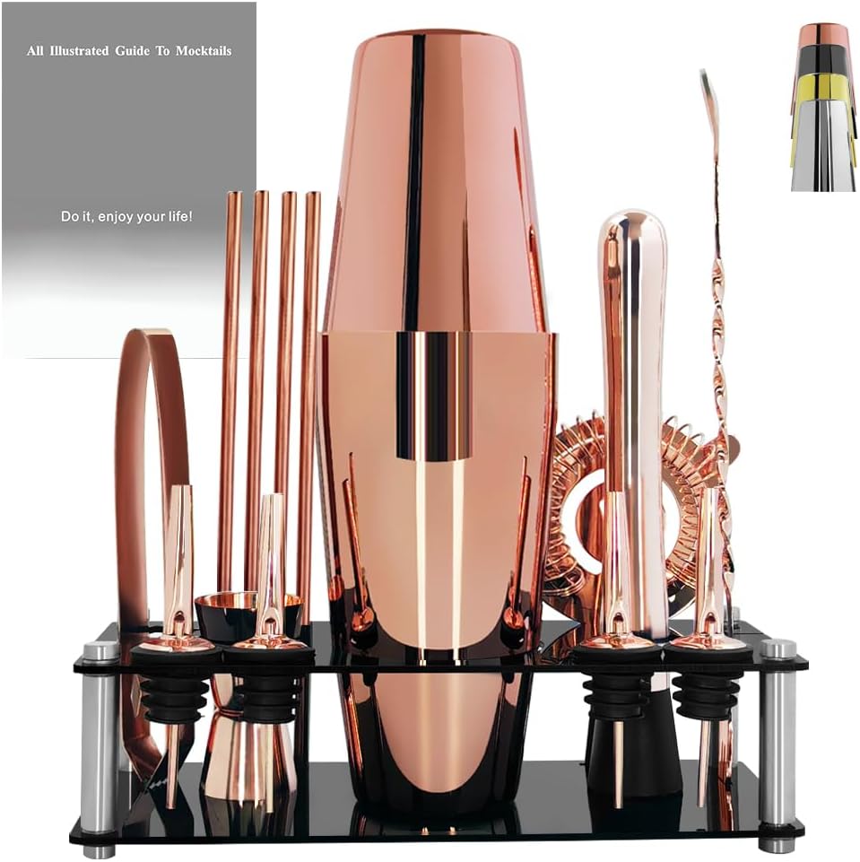 Professional Cocktail Shaker Set with Stand Cocktail Recipes, 15-Piece 750/600ml Bartender Kit, Bar Sets Bartending Kit Bar Tool Set 25/20oz Boston Shakers, Jigger, Muddler (Rose Gold) - Rose Gold