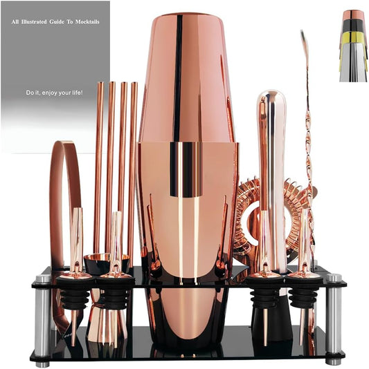 Professional Cocktail Shaker Set with Stand Cocktail Recipes, 15-Piece 750/600ml Bartender Kit, Bar Sets Bartending Kit Bar Tool Set 25/20oz Boston Shakers, Jigger, Muddler (Rose Gold) - Rose Gold