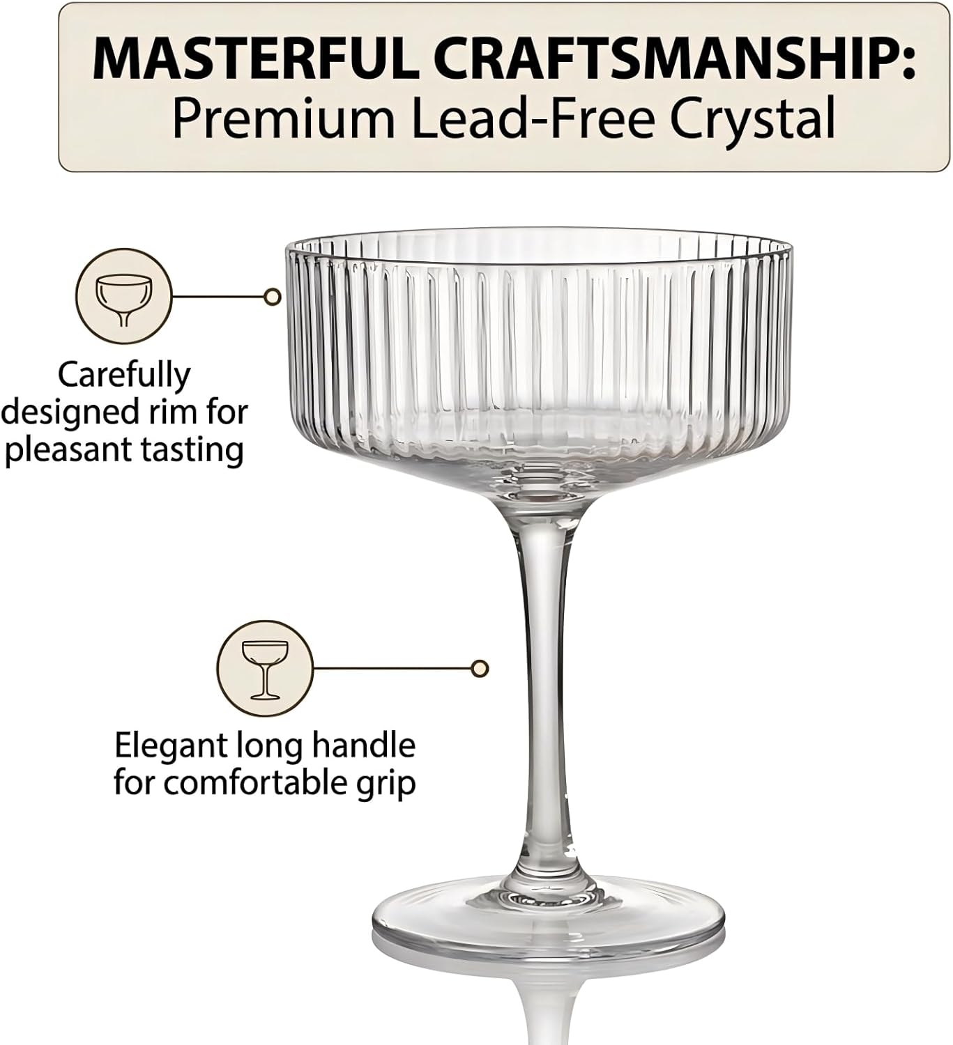 Ciaell Ribbed Coupe Glasses set of 4 - Vintage Cocktail Coupe Glasses - 10 oz Classic Martini Glass - Bar Drinking Glass Set Prefer for Cocktail, Espresso, Wine, Party & Gift