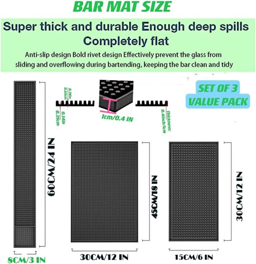 Bar Mat Set of 3 Rubber Bar Service Spill Mat for Cocktail Bartender Coffee Bar or Countertop Mats Glass Drying Mat (Black, 18" x 12"+23" x 3"+12" x 6")