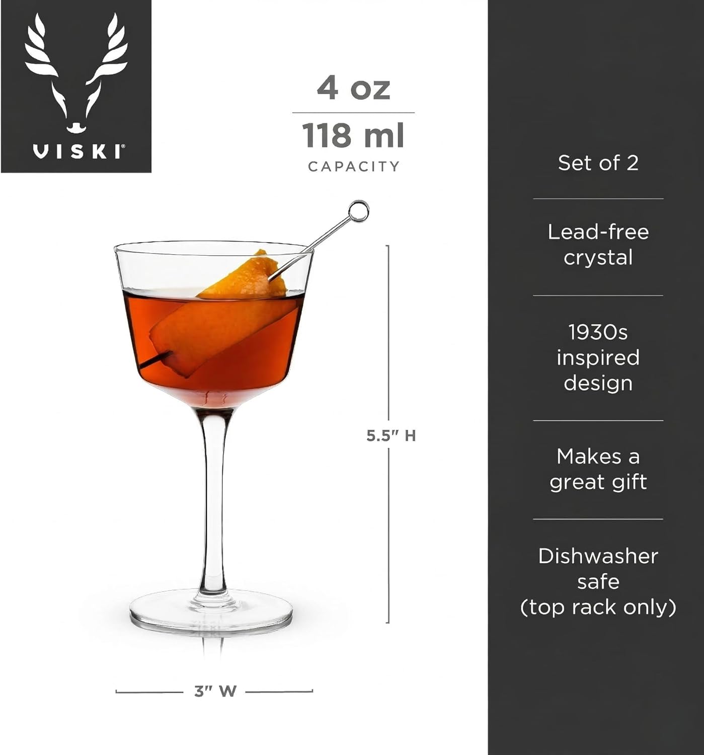 Viski Nick and Nora Glasses, Stemmed Drinkware, Premium Crystal Cocktail Glasses, Cocktail Coupe Glasses, Home and Bar Glass cups, Set of 2, 4oz