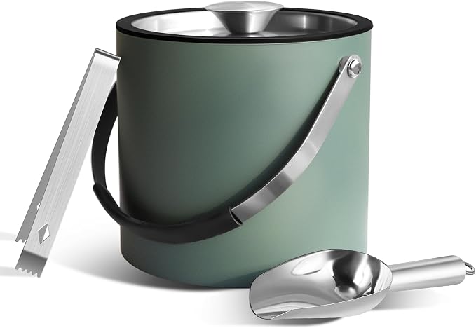 Bakpoco Double-Wall Vacuum Insulated Ice Bucket with Lid, Scoop, Ice Tong, Strainer & Leather Handle Keep Ice Frozen Longer Large Wine Ice Buckets for Cocktail Bar,Parties Chilling Beer Champagne 3L - B0DQV7SLR2