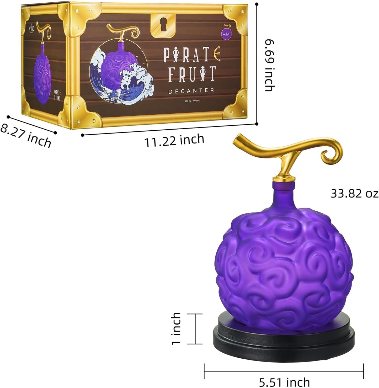 Anime Devil Fruit Decanter – Handcrafted Crystal Liquor Bottle, Mahogany Base | Home Bar Collectible Display | 34oz | Purple & Gold Fantasy Inspired Design, Whiskey Decanter Gifts Sets for Men