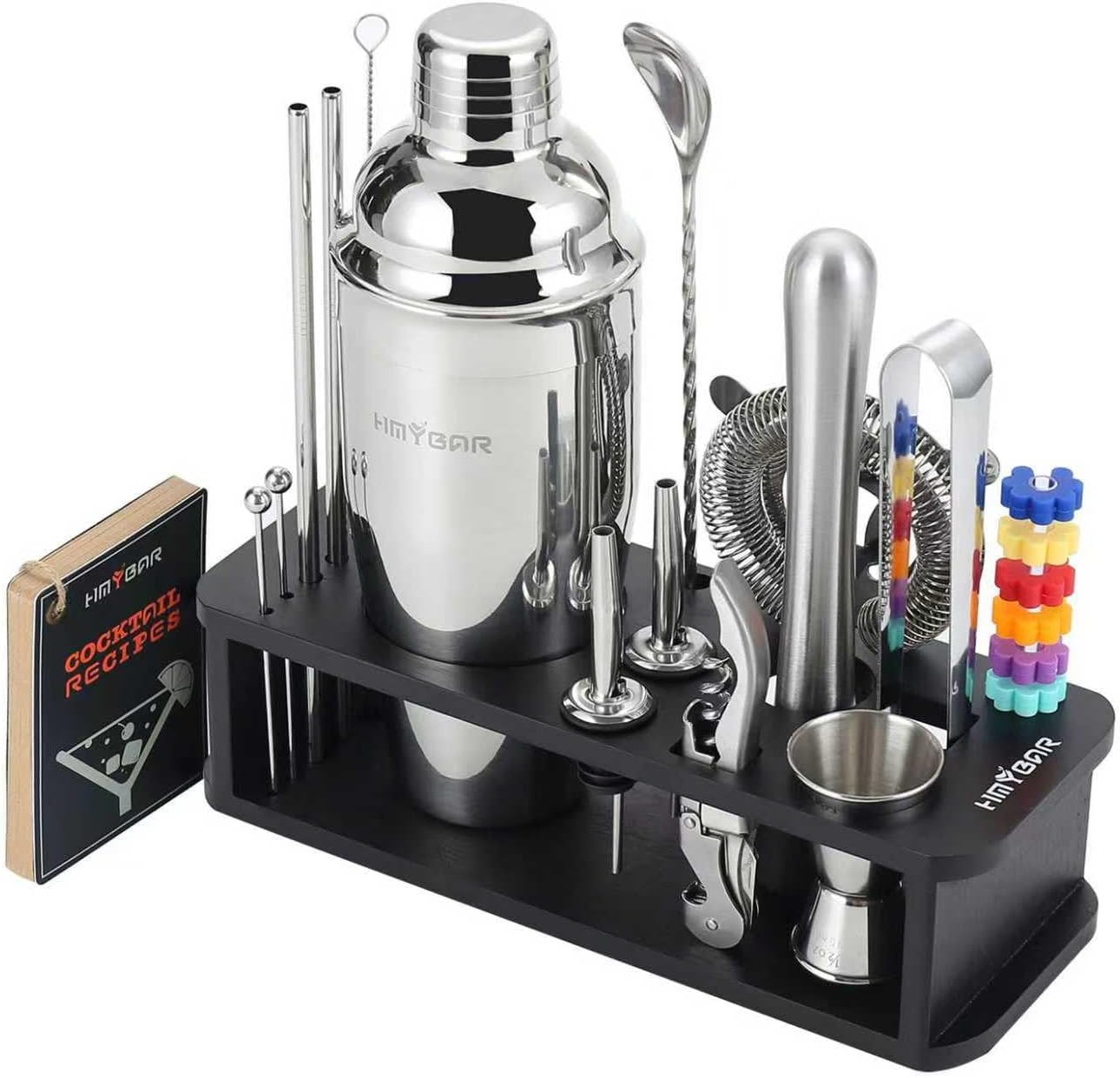 HMYBAR® 22-pc Cocktail Shaker Set(24oz/700ml) | Mixology Bartender Kit | Bar Tool Set | Martini Making Set with 39-Recipe Cocktail Cards & Kit's Deco, Bamboo Stand Black Color, Silver Tools