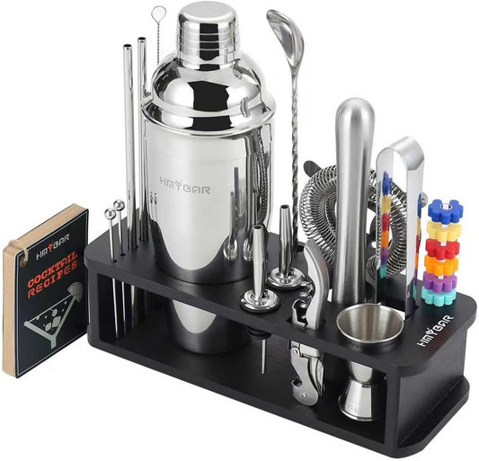 HMYBAR® 22-pc Cocktail Shaker Set(24oz/700ml) | Mixology Bartender Kit | Bar Tool Set | Martini Making Set with 39-Recipe Cocktail Cards & Kit's Deco, Bamboo Stand Black Color, Silver Tools