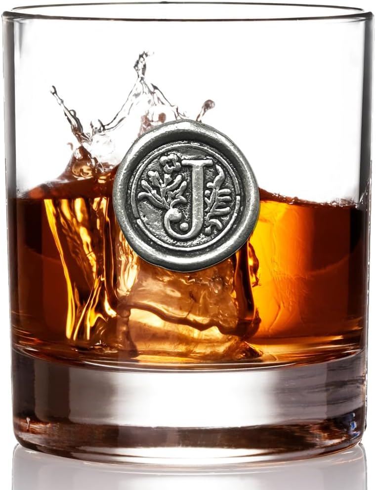 English Pewter Company 11oz Old Fashioned Whiskey Rocks Glass With Monogram Initial - Unique Gifts For Men - Personalized Gifts With Your Choice of Initial (J) MON110