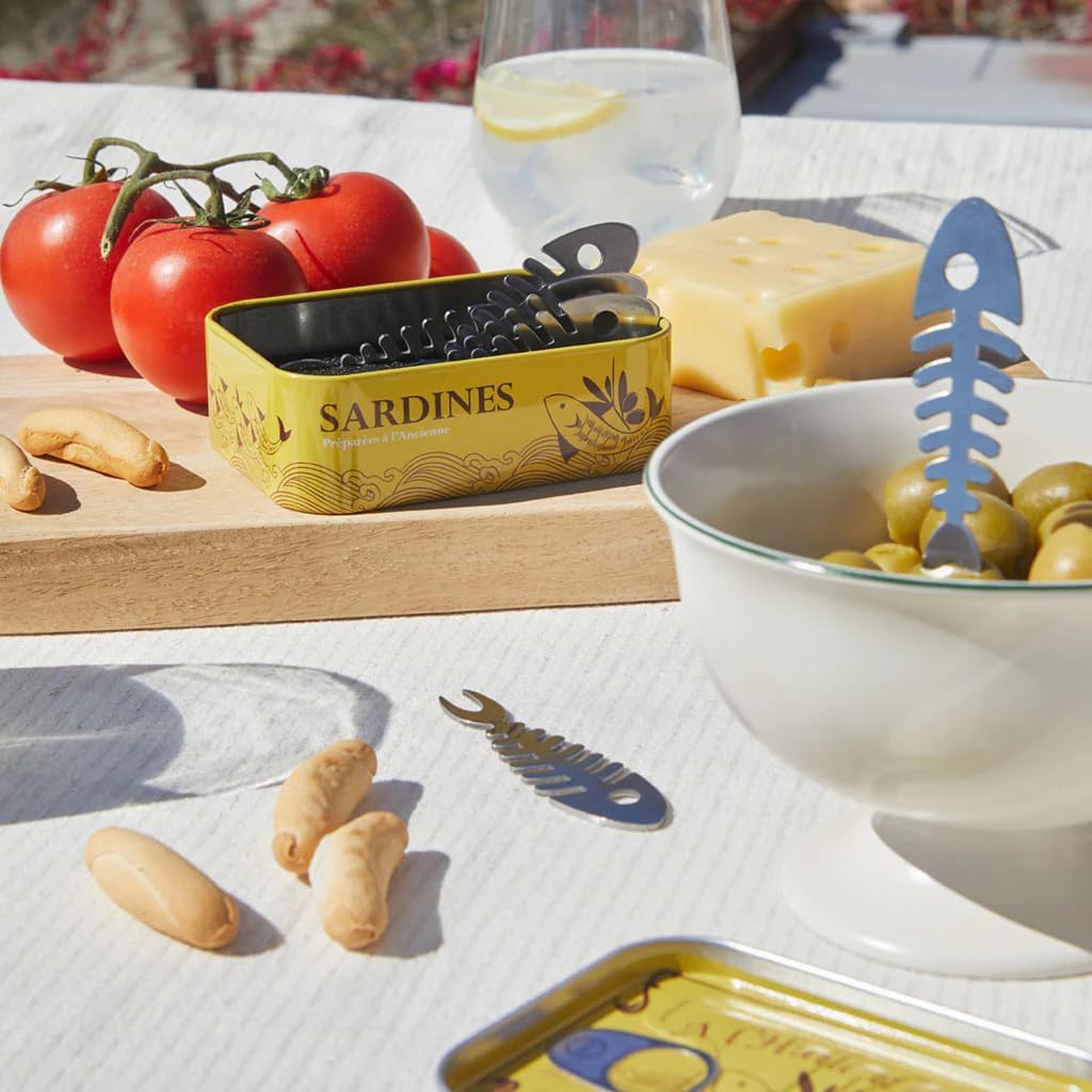 Balvi Sardines Snack Forks Set of 6 – Stainless Steel Fishbone Design Appetizer Picks in Vintage-Style Tin – Ideal for Tapas, Seafood, and Hors d'oeuvres – Tenedores de Aperitivo