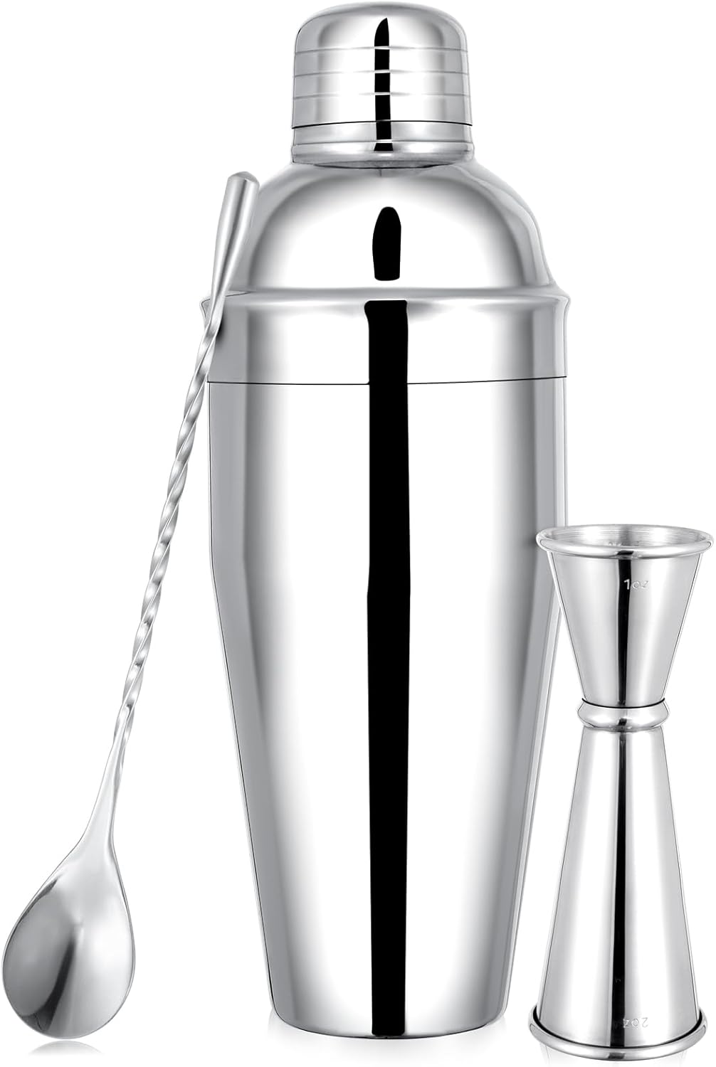 BARsics 24oz Stainless Steel Bar Cocktail Shaker, 1oz/2oz Jigger and 8" Mixing Spoon