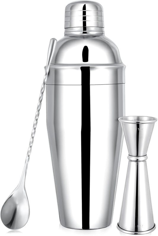 BARsics 24oz Stainless Steel Bar Cocktail Shaker, 1oz/2oz Jigger and 8" Mixing Spoon