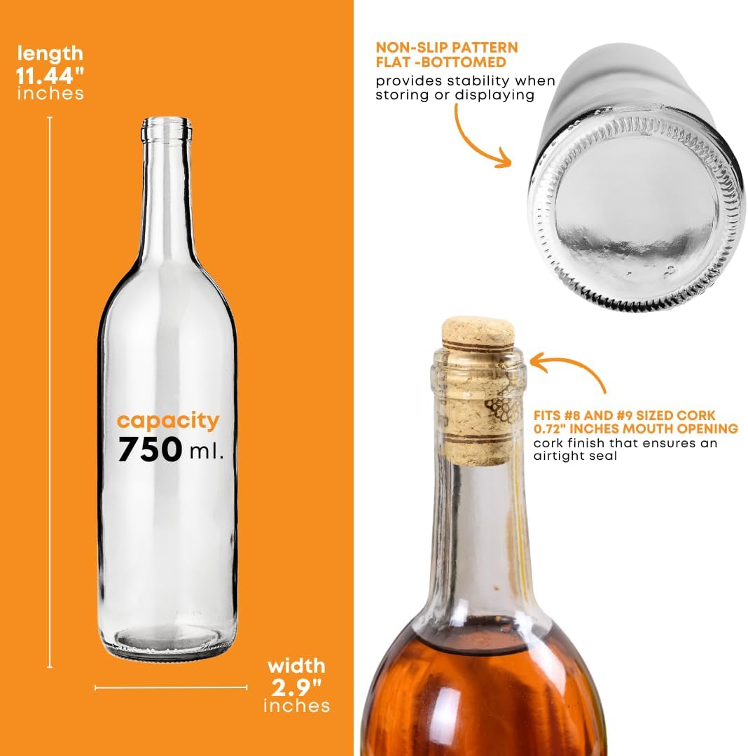 FastRack Clear Wine Bottles 750 ml (Pack of 12) w/No.8 Natural Corks & Matte Black Shrink Sleeves | W5 Bordeaux Empty Liquor Bottles | Flint Flat-Bottomed Cork Top Clear Glass Bottle for Wine Making
