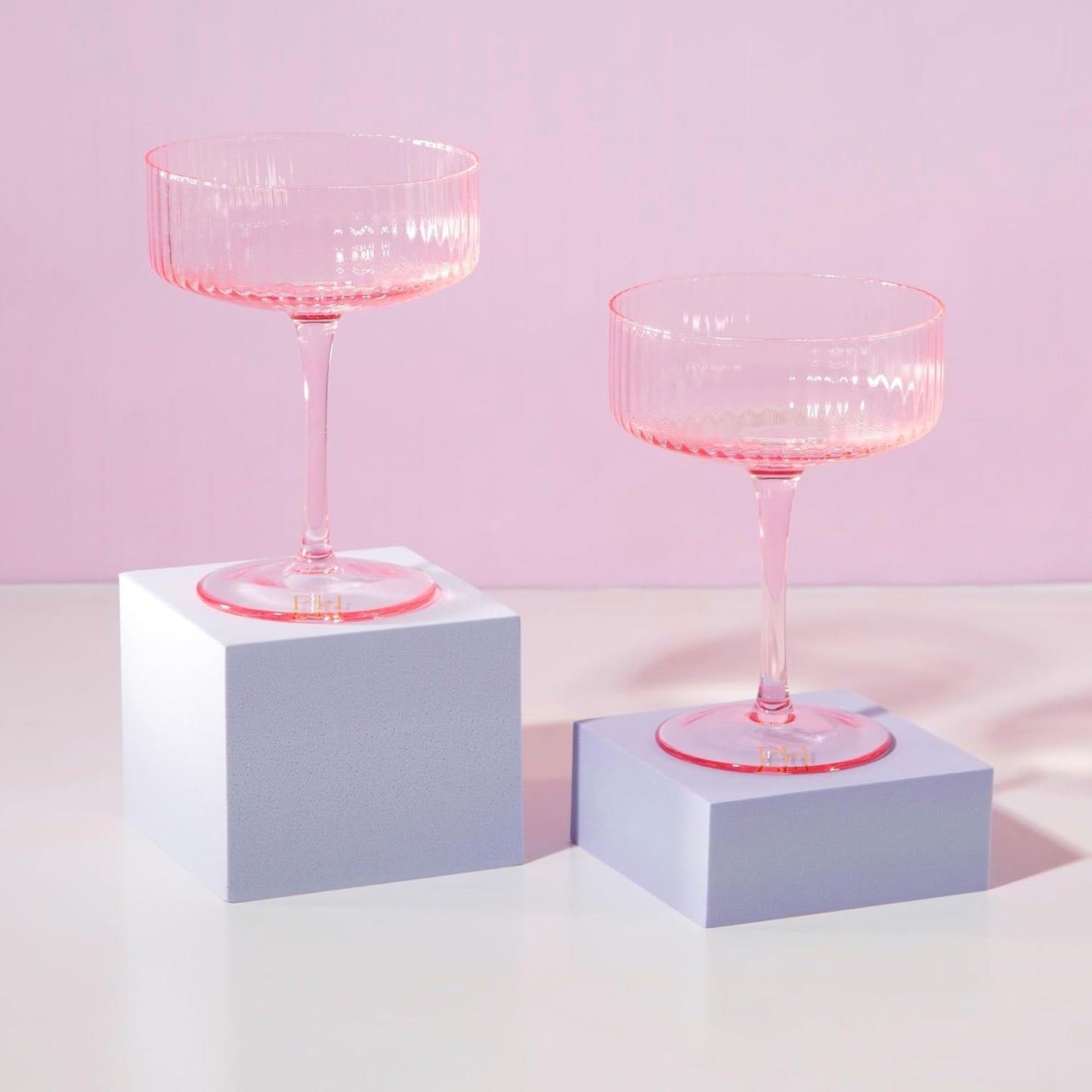 Paris Hilton Ribbed Coupe Cocktail Glass Set, Elegant Fluted Glassware, Perfect for Champagne, Martinis, Wine and More, Set of 2, 10-Ounce, Pink