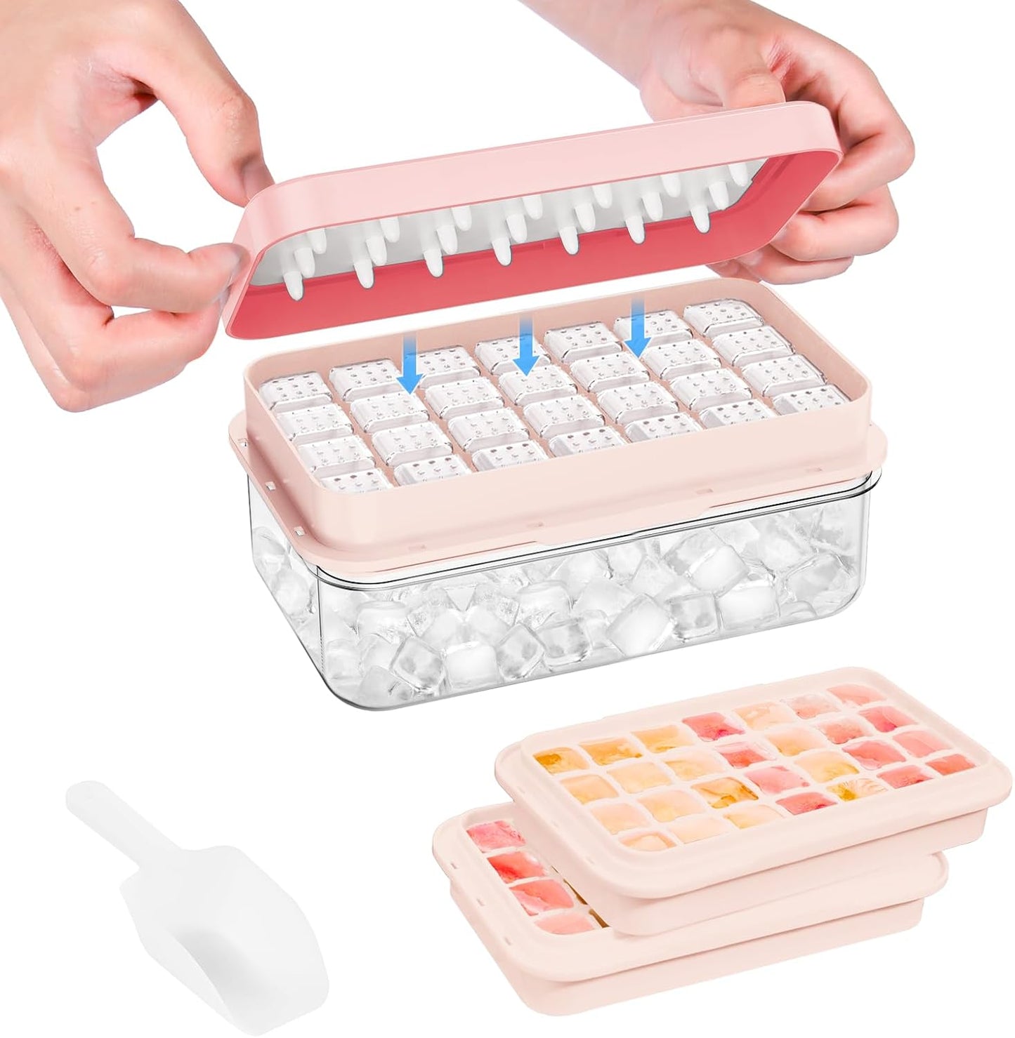 PHINOX Ice Cube Tray with Lid and Bin, Ice Trays for Freezer, Flexible Ice Cube Trays, Making 56 pcs Ice Cubes, Chilling Cocktail, Whiskey, Coffee, with 2 trays, Ice Container, Scoop&Cover, BPA Free