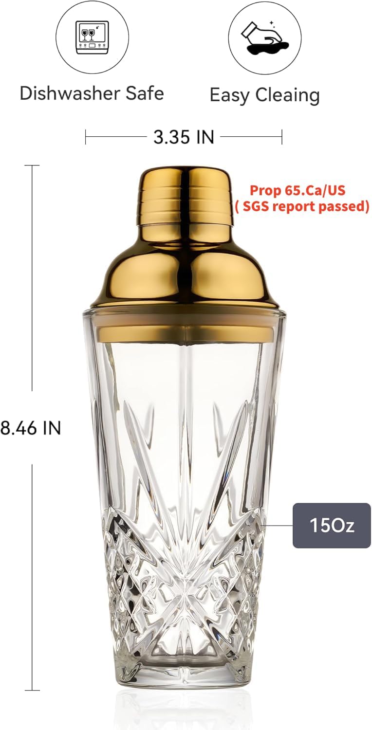 15oz Gold Lid Crystal Cocktail Shaker, Lead-Free Glass with #304 Steel Strainer, Leak-Proof Barware for Home Bartenders