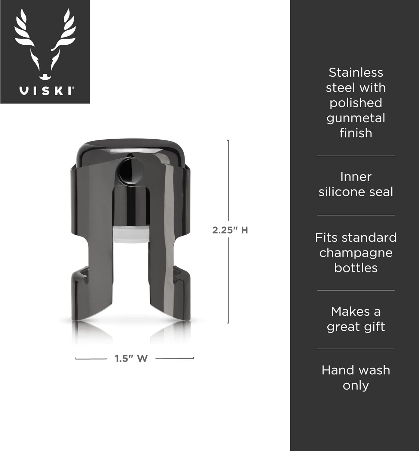 Viski Gunmetal Champagne Stopper, Sparkline Wine Keeper, Champagne Sealer, Prosecco stopper, Champagne Lovers Gifts, Set of 1, Black