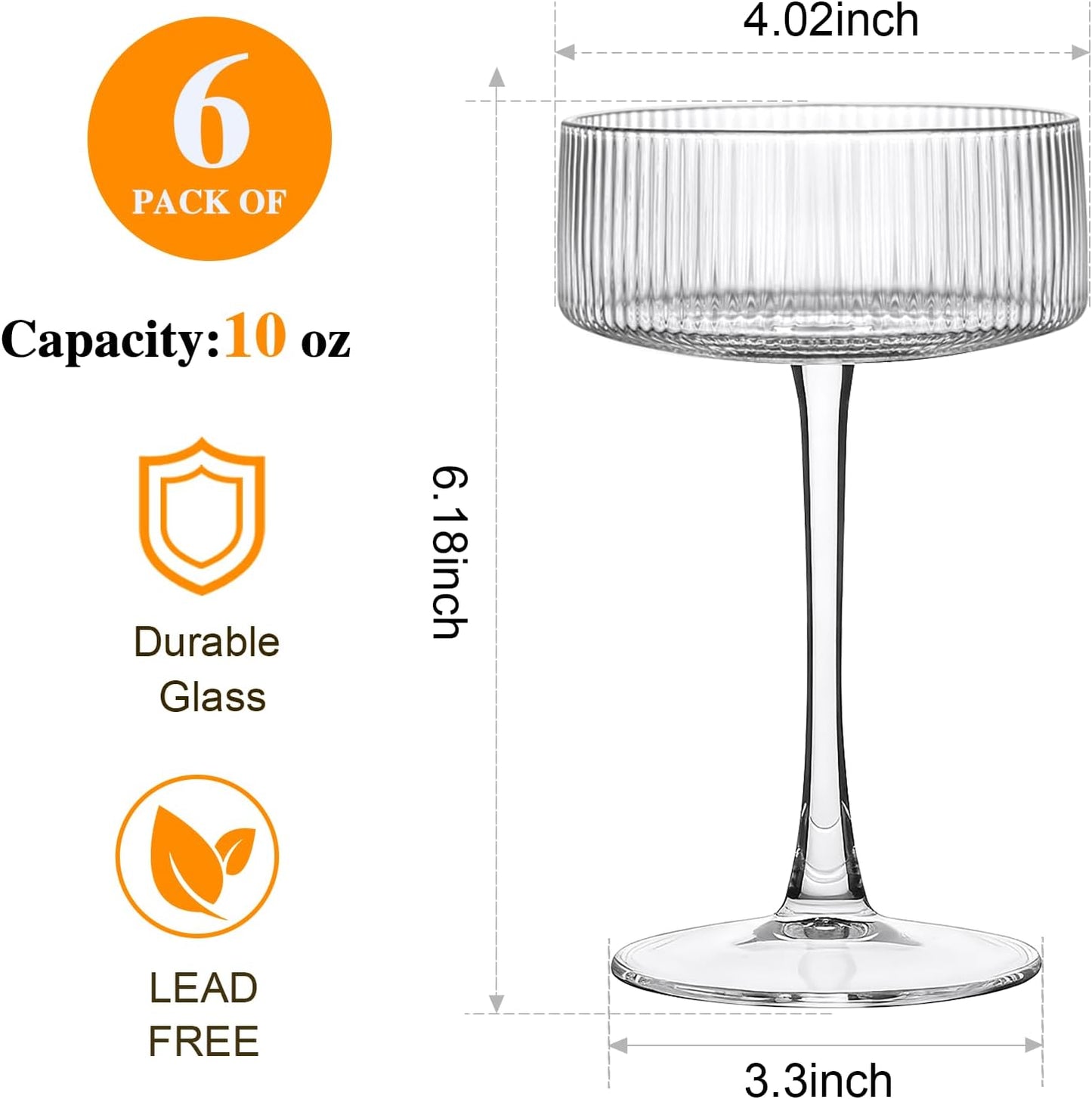 Accguan Ribbed Coupe Glasses, 10 oz Crystal Cocktail Glasses Set of 6, Vintage Martini Glasses for Bar, Cocktail, Margarita, Wine, Champagne & Gift Box