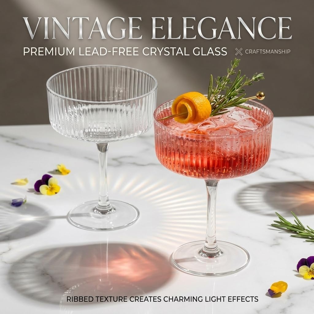 Ciaell Ribbed Coupe Glasses set of 4 - Vintage Cocktail Coupe Glasses - 10 oz Classic Martini Glass - Bar Drinking Glass Set Prefer for Cocktail, Espresso, Wine, Party & Gift