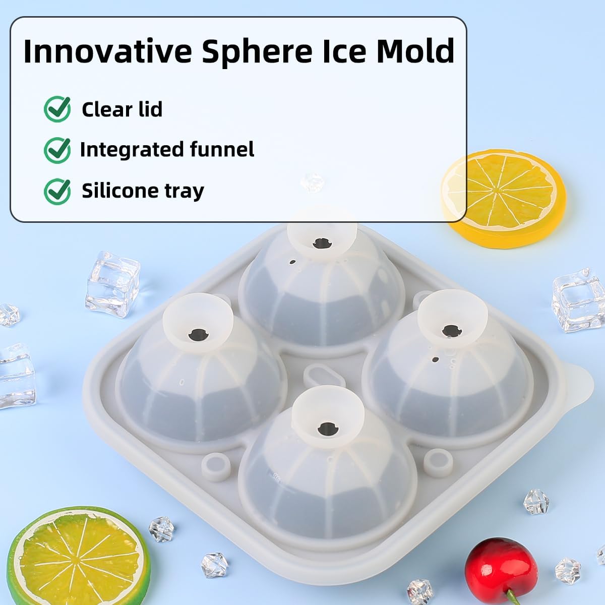 Ice Ball Mold, Large Basketball Shaped Silicone Round Ice Cube Tray with Funnel Lid for Freezer, 4 Cavities Big Sphere Ice Molds for Whiskey/Cocktail/Fruit Drinks/Ice Cream/Wax Melt/Candle
