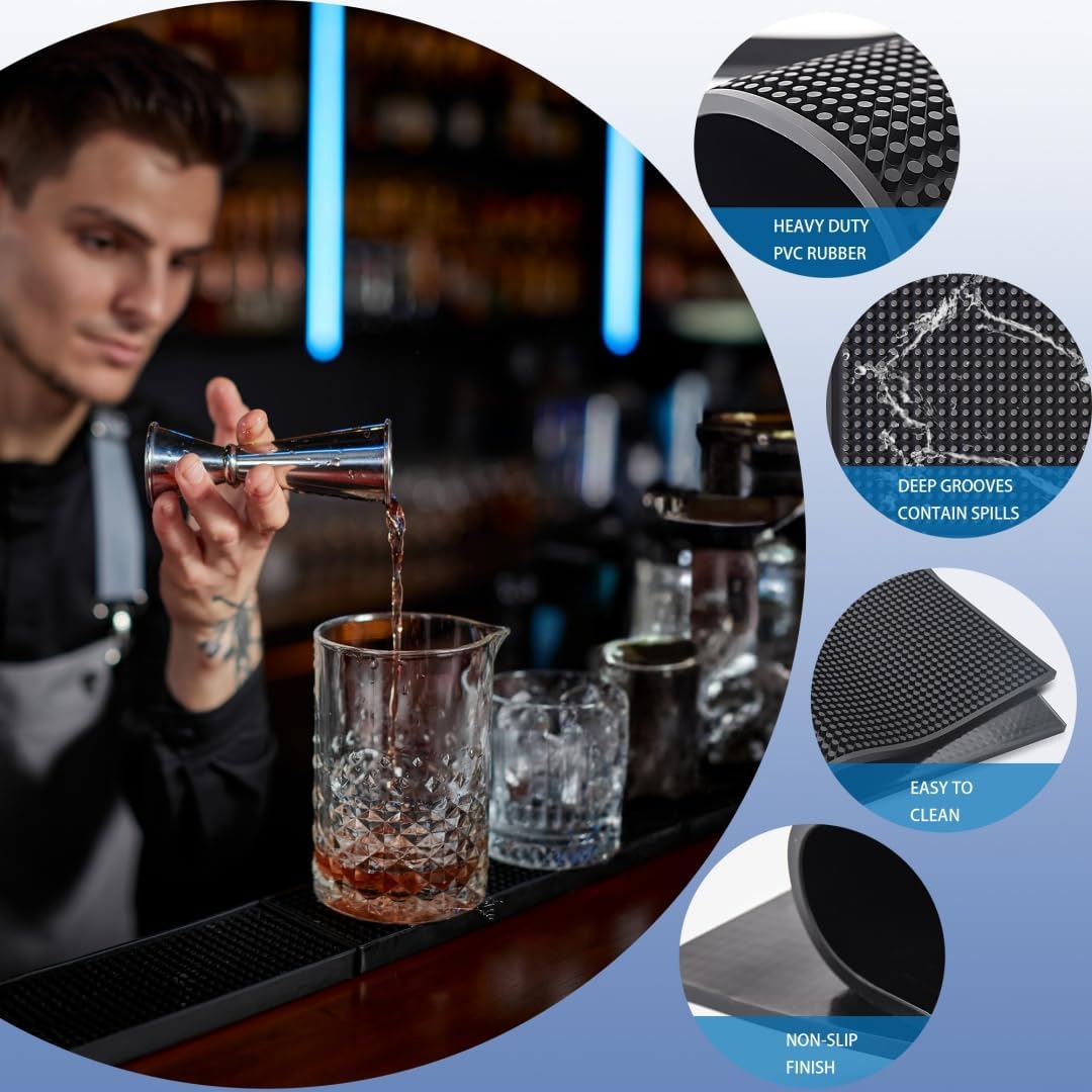 Bar Mat 4Pack IMIYOKU 0.3" Thick Durable Bar Mat for Spills Service Mat for Coffee Bars Restaurants and Counter Top Dish Drying Mat Glass Drying Mat (Black 1PC/18" x 12" +1PCS/23" x 3" +2PC/12" x 6")