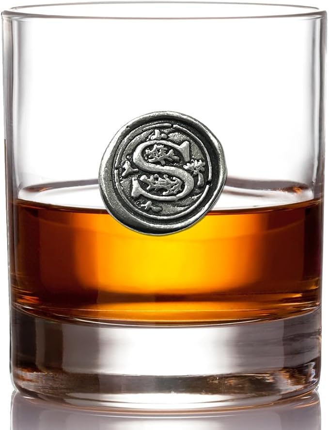 English Pewter Company 11oz Old Fashioned Whiskey Rocks Glass With Monogram Initial - Unique Gifts For Men - Personalized Gifts With Your Choice of Initial (R) MON118 - S
