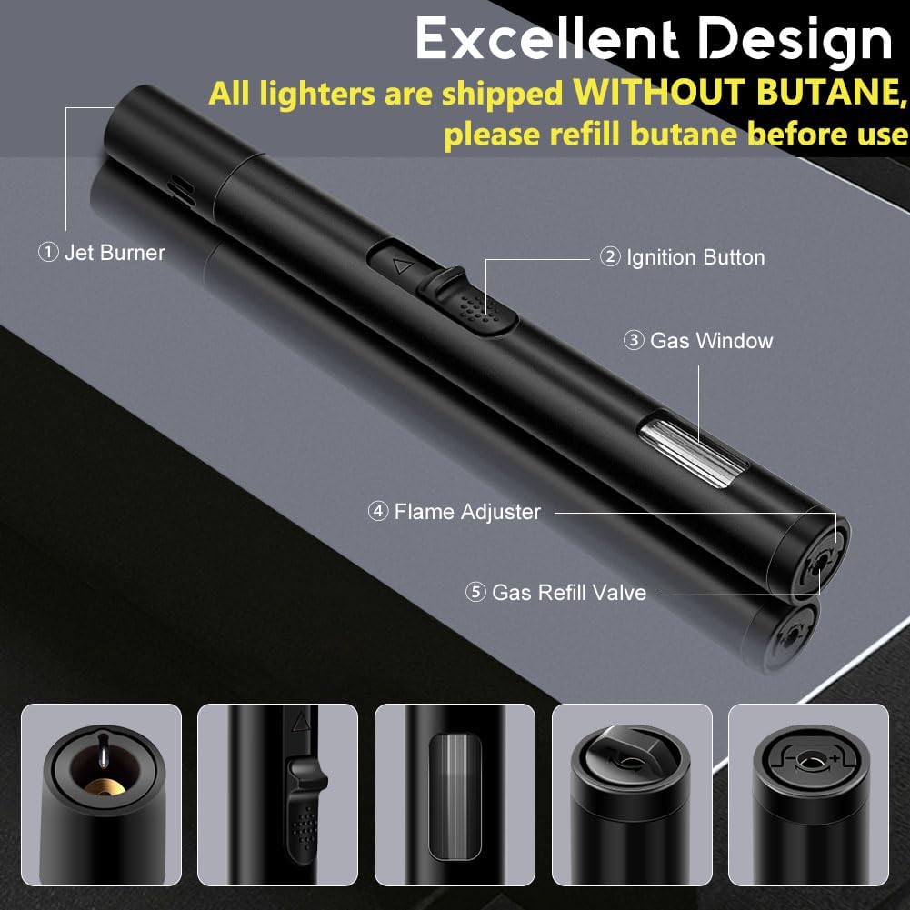 LcFun 2 Pack Torch Lighters Refillable Butane Lighter with Visible Fuel Window, Windproof Adjustable Jet Flame Long Lighters Matches for Candle, Grill, BBQ, Camping, Fireworks (Butane NOT Included)