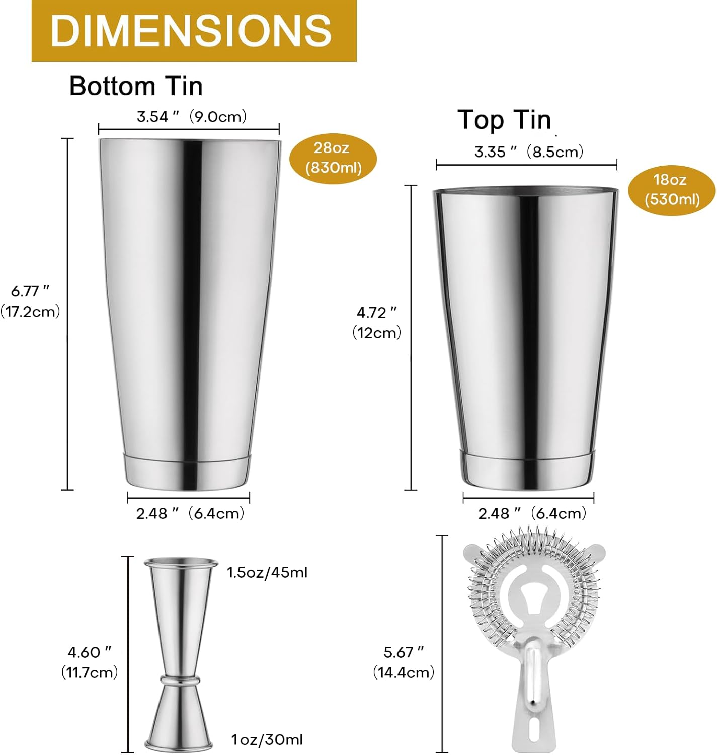 WOTOR Boston Cocktail Shaker Set, 18 oz & 28 oz Stainless Steel Weighted Shaker Tins, Strainer, Double Measuring Jigger, Professional Bar Tools for Bartender (Silver)