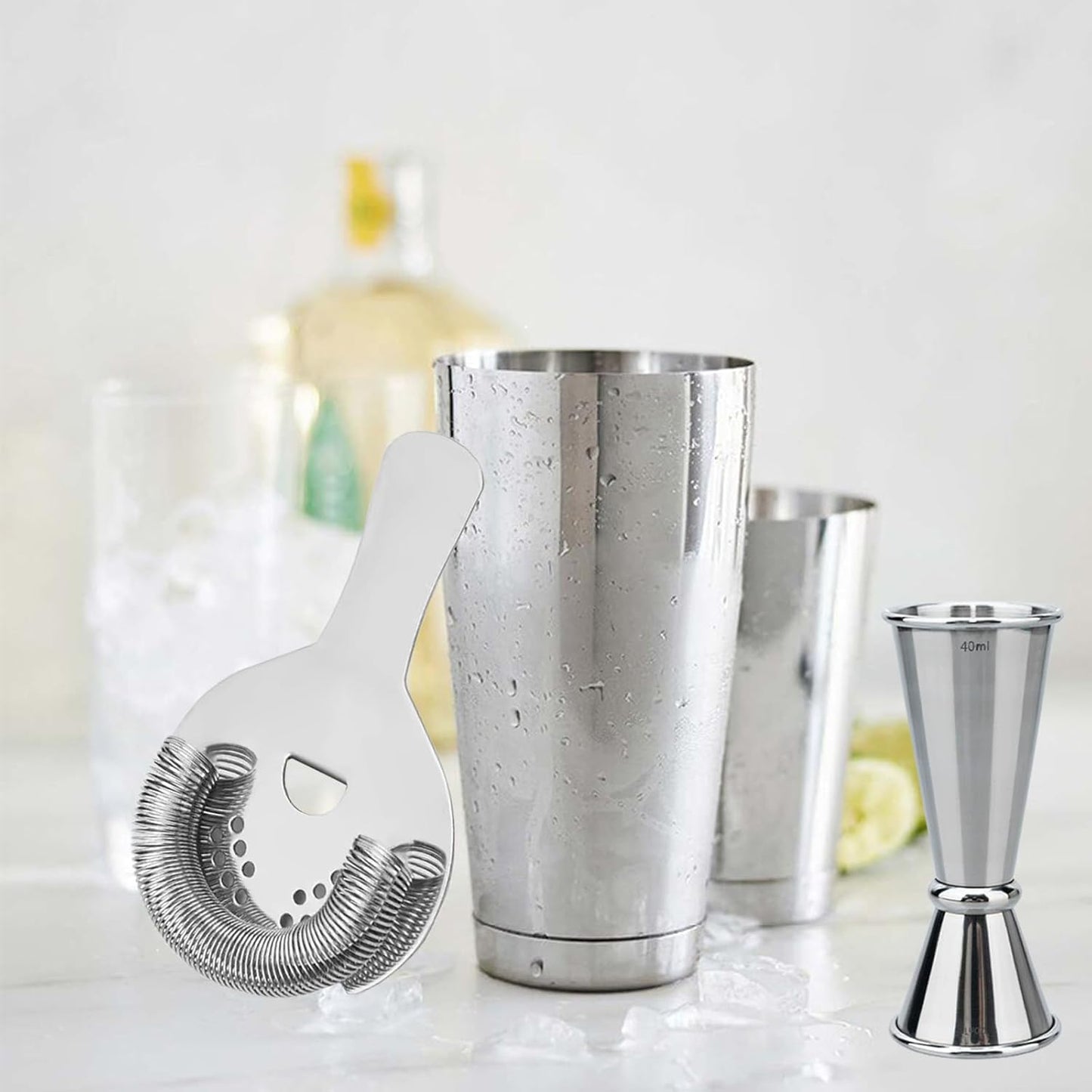 Boston Cocktail Shaker Set, 17 oz and 24 oz Stainless Steel Weighted Shaker Tins, Professional Bar Tools for Bartender, with Strainer and Measuring Cup (Silver)